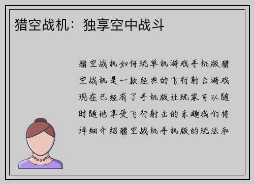 猎空战机：独享空中战斗