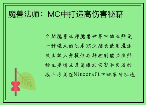 魔兽法师：MC中打造高伤害秘籍